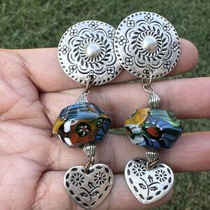 VTG Dangle Drop Earrings Heart Medallion Glass Beads‎ Multicolor Floral 2.5"